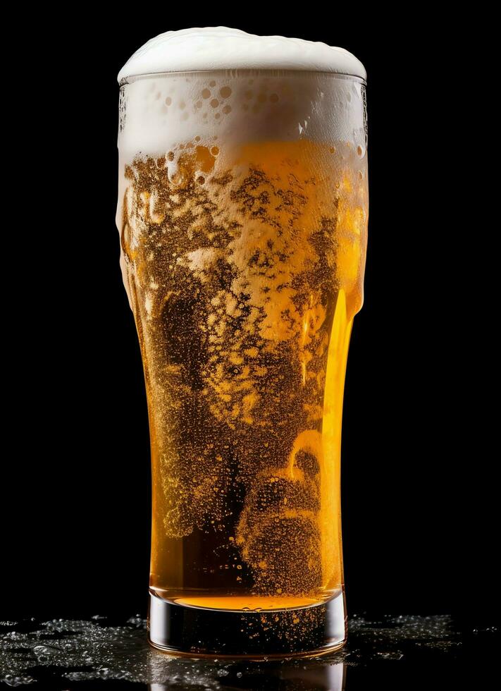 A glass of cold fresh beer with cap of foam. Splash of foam with tasty american beer. Beer day concept by AI Generated photo