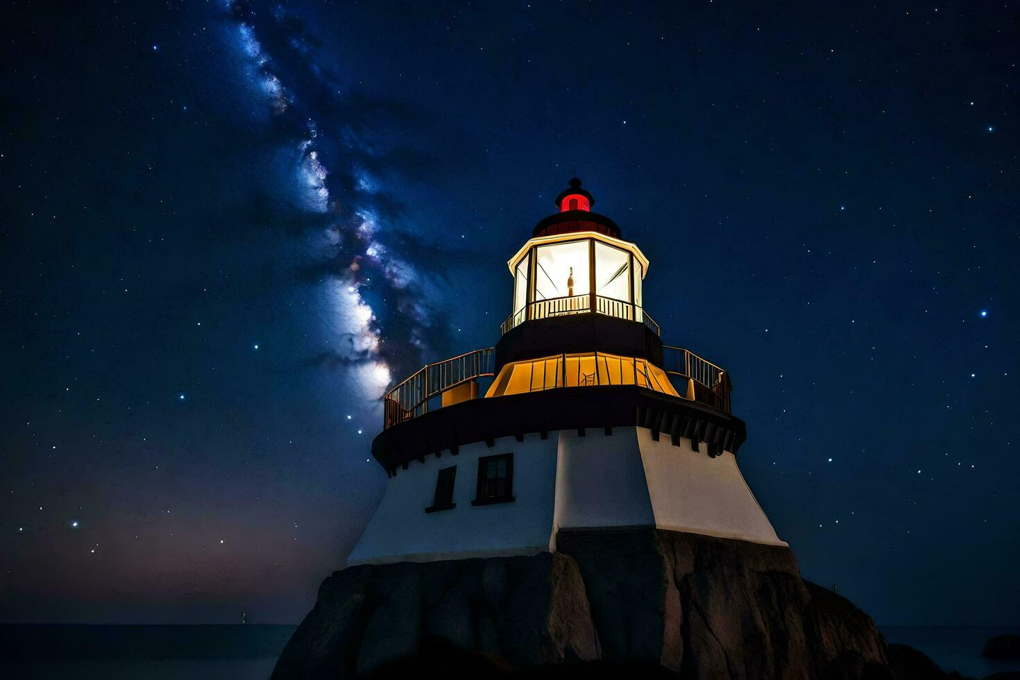 a lighthouse with a starry sky above it. AI-Generated photo