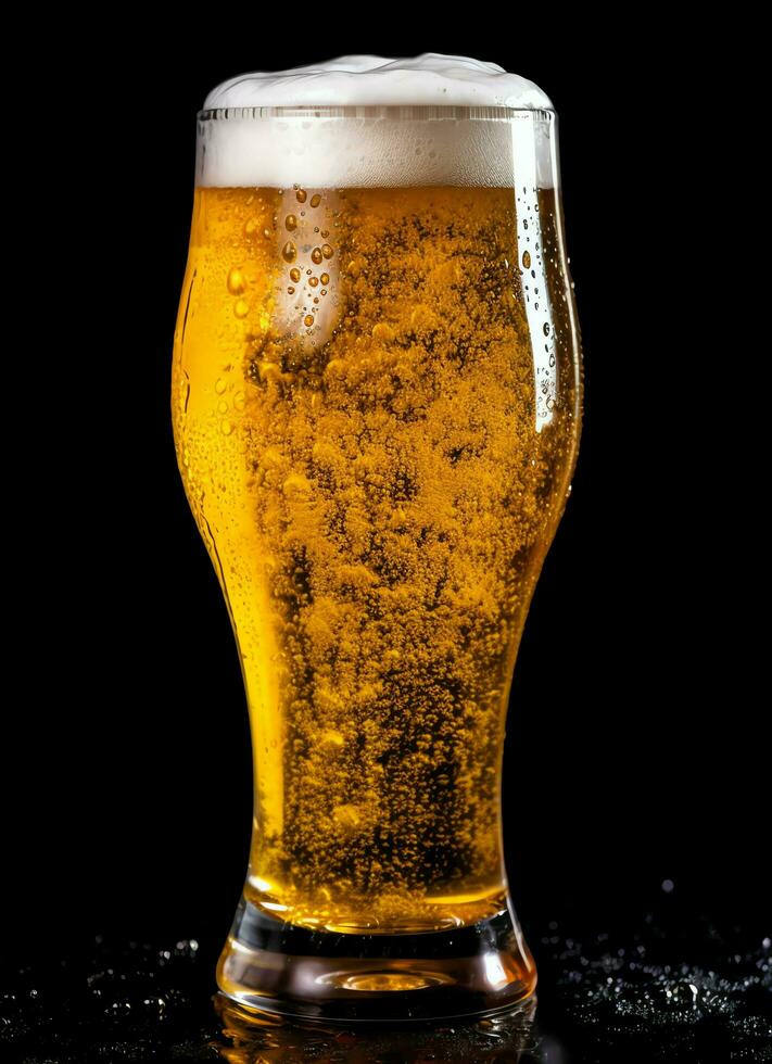 A glass of cold fresh beer with cap of foam. Splash of foam with tasty american beer. Beer day concept by AI Generated photo