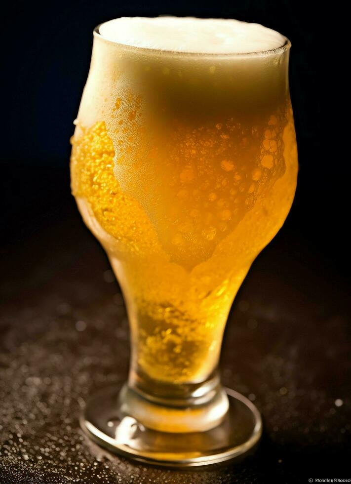 A glass of cold fresh beer with cap of foam. Splash of foam with tasty american beer. Beer day concept by AI Generated photo