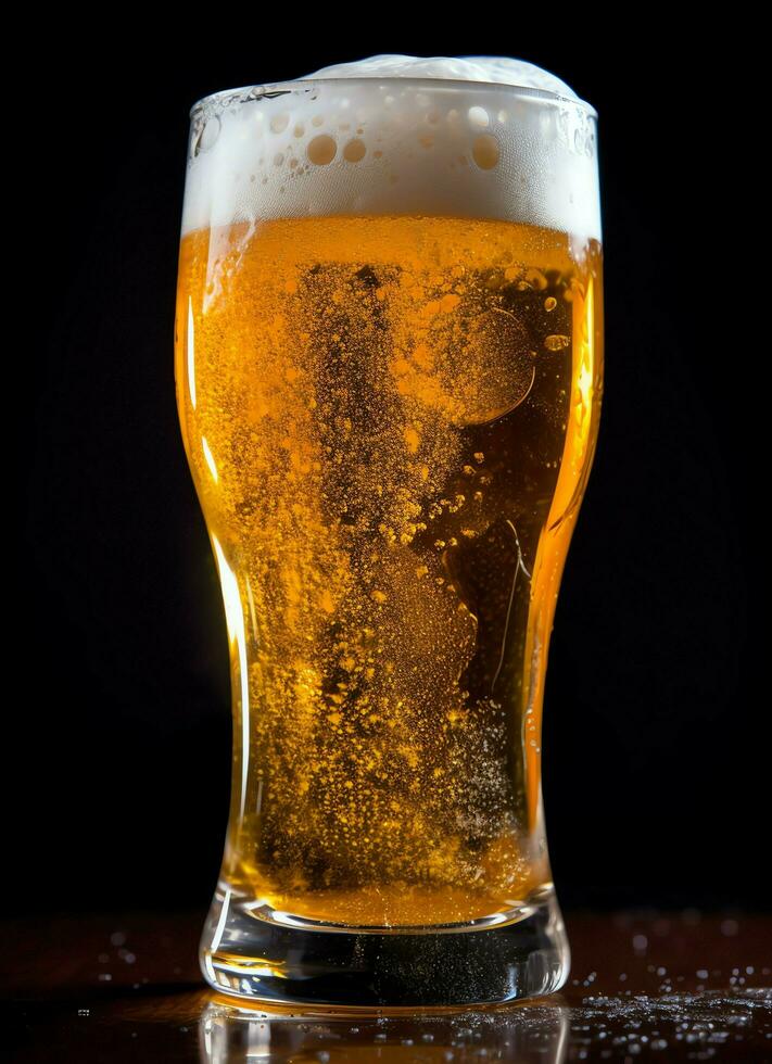 A glass of cold fresh beer with cap of foam. Splash of foam with tasty american beer. Beer day concept by AI Generated photo