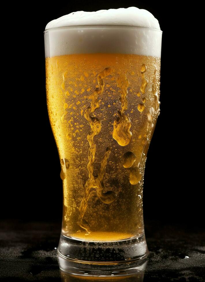 A glass of cold fresh beer with cap of foam. Splash of foam with tasty american beer. Beer day concept by AI Generated photo