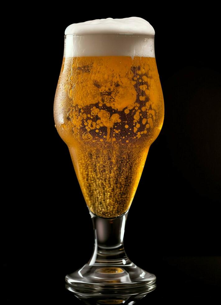 A glass of cold fresh beer with cap of foam. Splash of foam with tasty american beer. Beer day concept by AI Generated photo