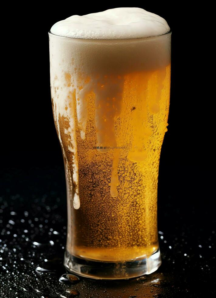 A glass of cold fresh beer with cap of foam. Splash of foam with tasty american beer. Beer day concept by AI Generated photo