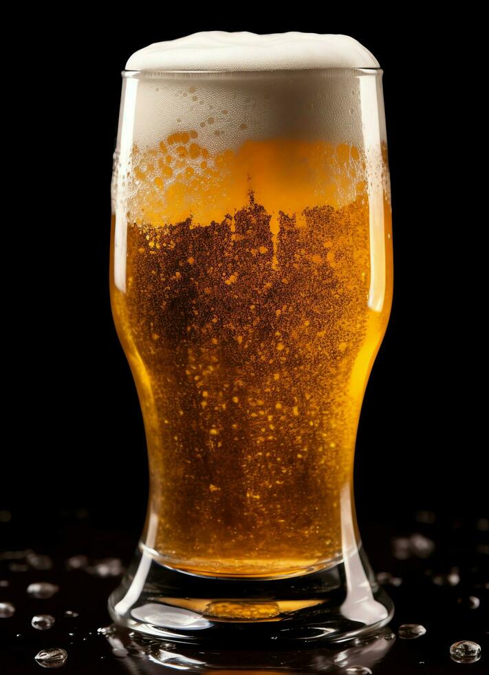 A glass of cold fresh beer with cap of foam. Splash of foam with tasty american beer. Beer day concept by AI Generated photo