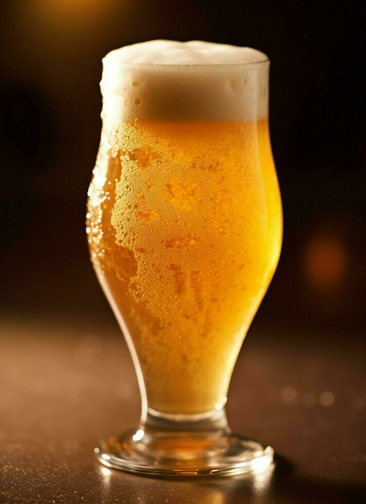 A glass of cold fresh beer with cap of foam. Splash of foam with tasty american beer. Beer day concept by AI Generated photo