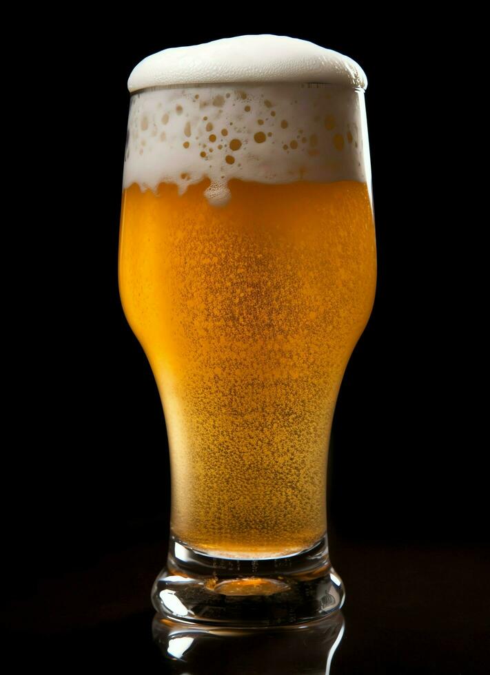 A glass of cold fresh beer with cap of foam. Splash of foam with tasty american beer. Beer day concept by AI Generated photo