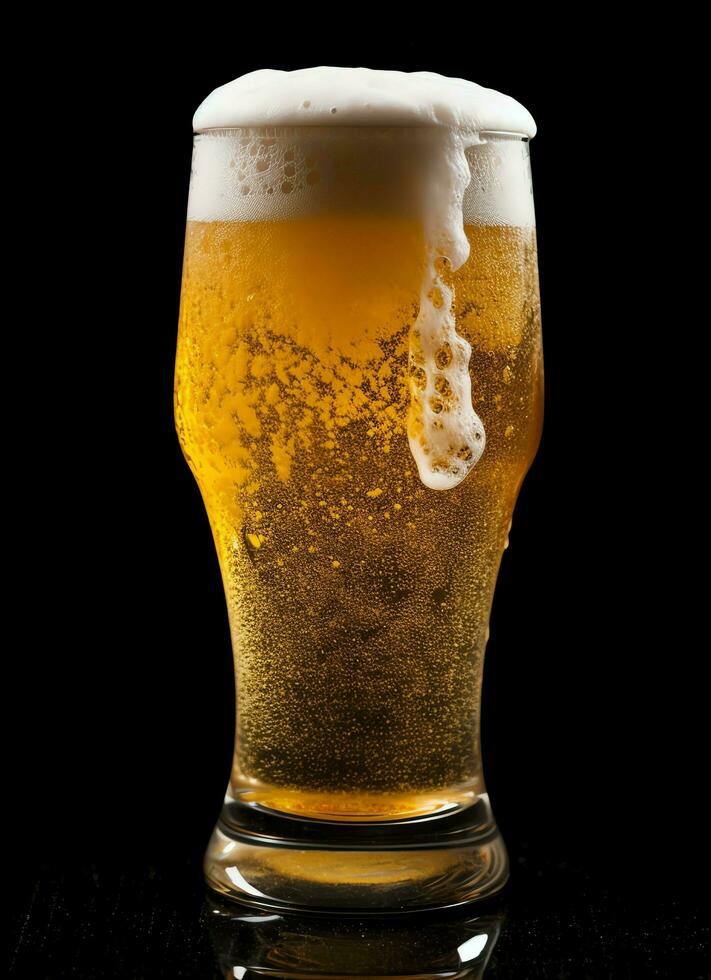 A glass of cold fresh beer with cap of foam. Splash of foam with tasty american beer. Beer day concept by AI Generated photo