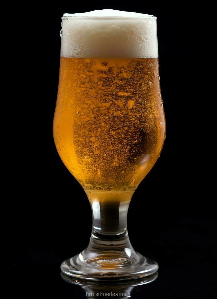 A glass of cold fresh beer with cap of foam. Splash of foam with tasty american beer. Beer day concept by AI Generated photo