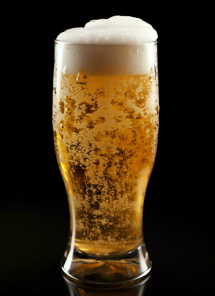 A glass of cold fresh beer with cap of foam. Splash of foam with tasty american beer. Beer day concept by AI Generated photo