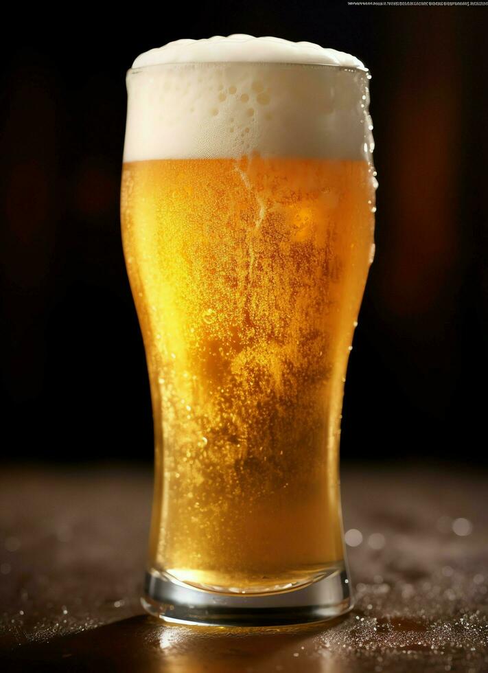 A glass of cold fresh beer with cap of foam. Splash of foam with tasty american beer. Beer day concept by AI Generated photo