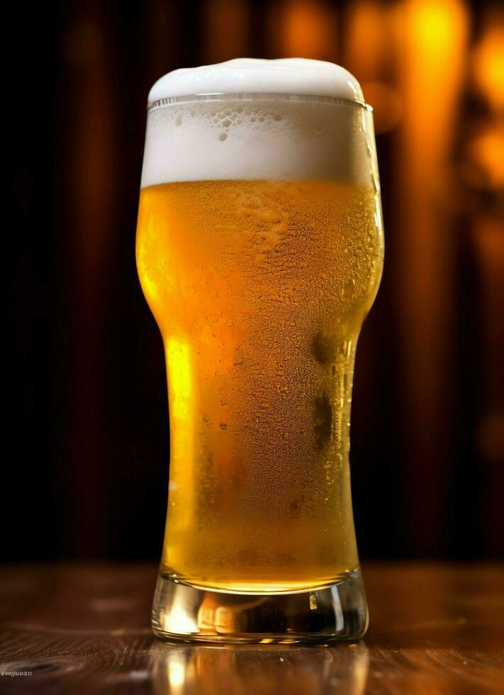 A glass of cold fresh beer with cap of foam. Splash of foam with tasty american beer. Beer day concept by AI Generated photo
