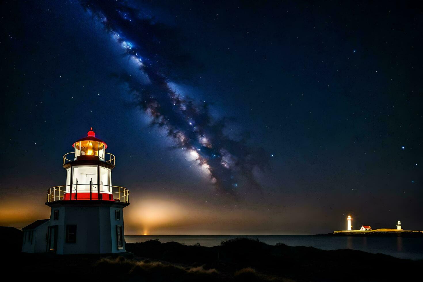 the milky way over a lighthouse and the ocean. AI-Generated photo