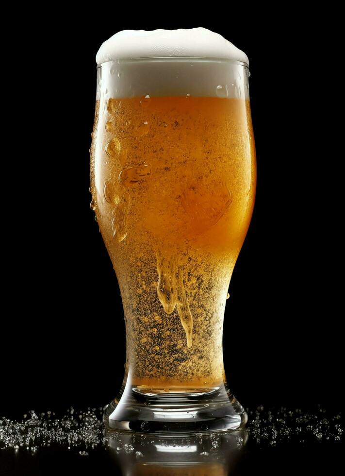 A glass of cold fresh beer with cap of foam. Splash of foam with tasty american beer. Beer day concept by AI Generated photo