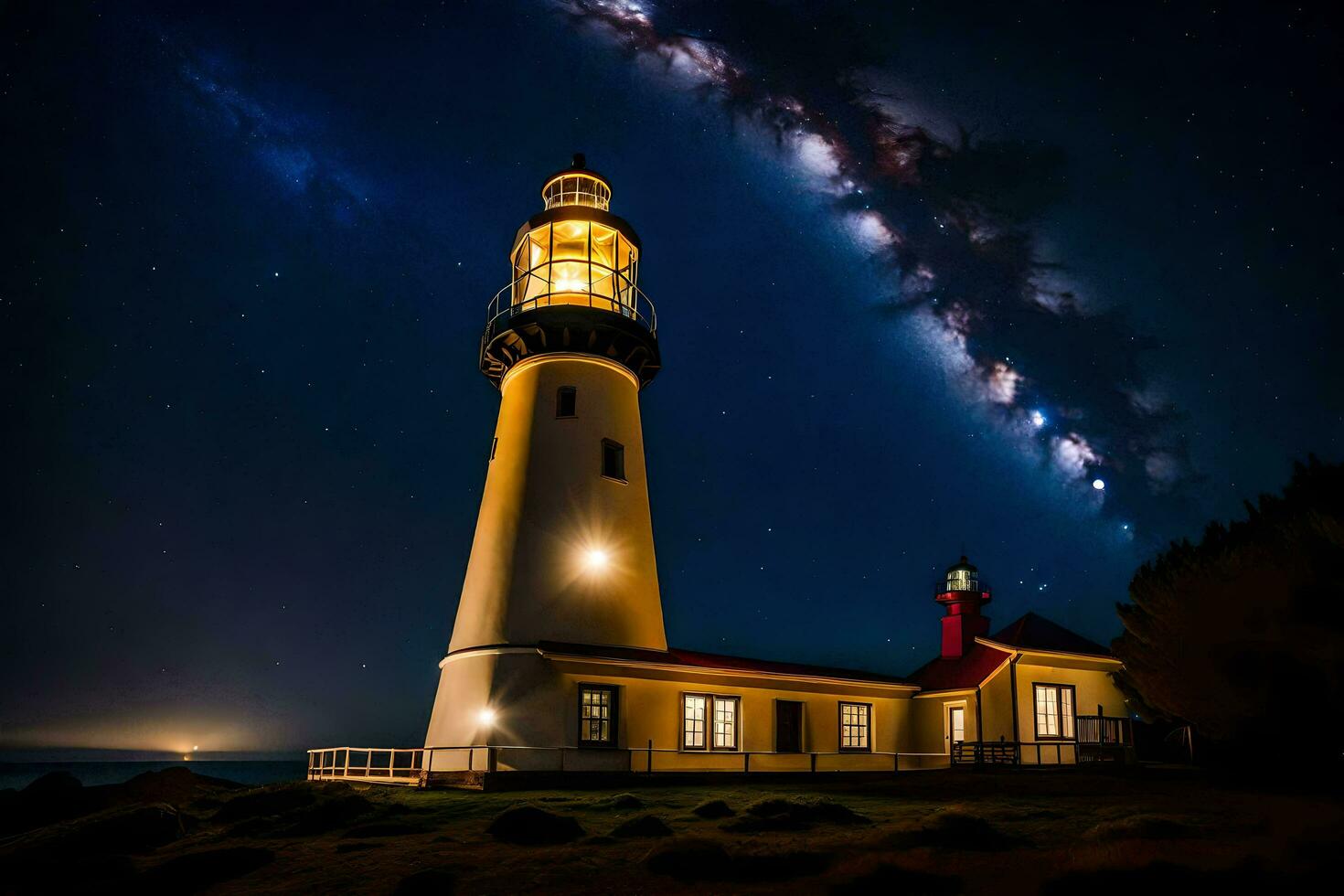 el lechoso camino terminado el faro. generado por ai foto