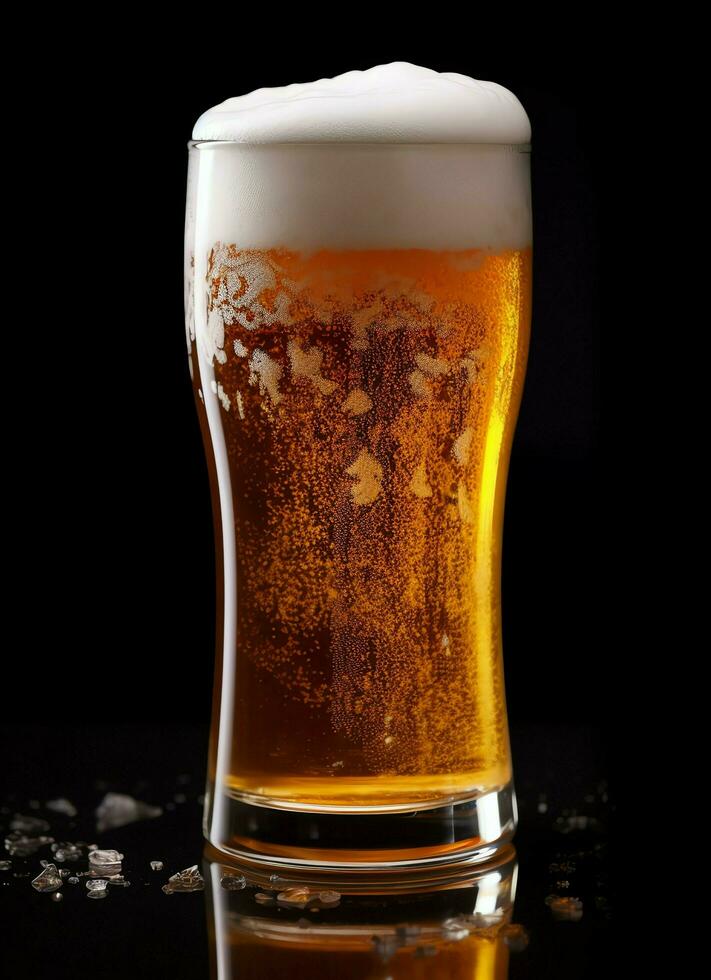 A glass of cold fresh beer with cap of foam. Splash of foam with tasty american beer. Beer day concept by AI Generated photo