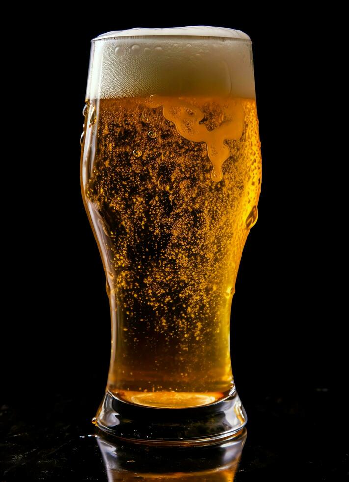 A glass of cold fresh beer with cap of foam. Splash of foam with tasty american beer. Beer day concept by AI Generated photo