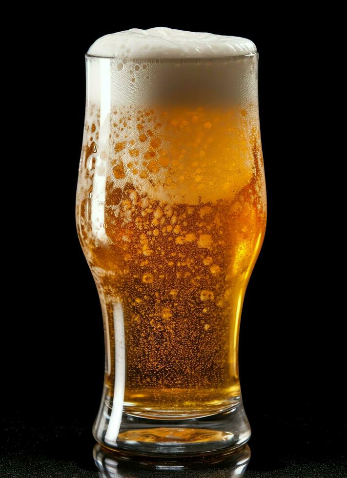 A glass of cold fresh beer with cap of foam. Splash of foam with tasty american beer. Beer day concept by AI Generated photo