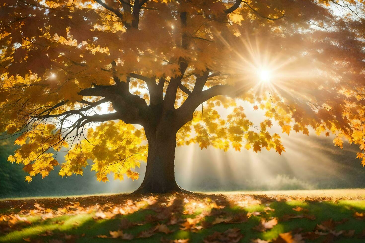 the sun shines through the leaves of an autumn tree. AI-Generated photo