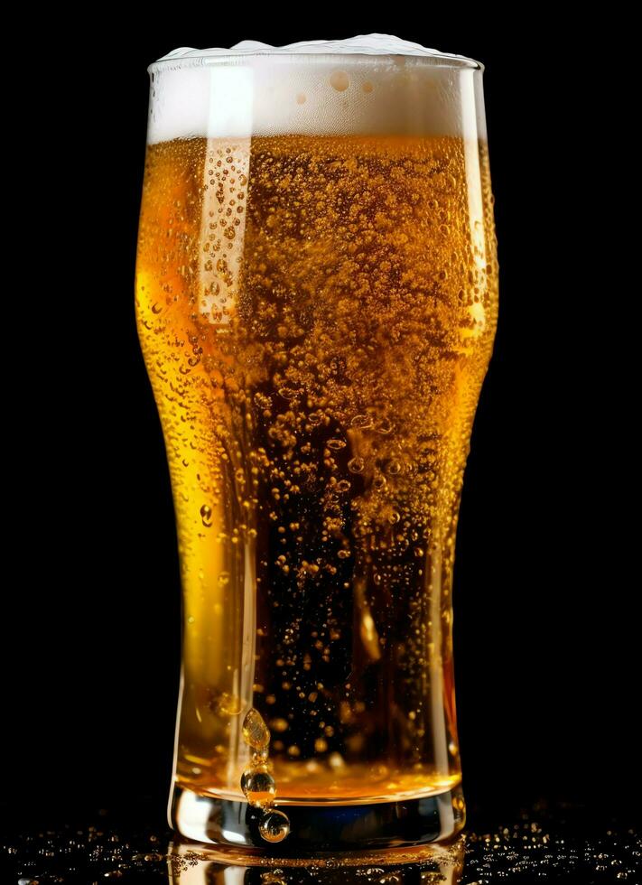 A glass of cold fresh beer with cap of foam. Splash of foam with tasty american beer. Beer day concept by AI Generated photo