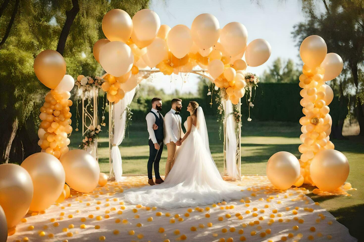 Boda Pareja debajo el arco de amarillo globos generado por ai foto