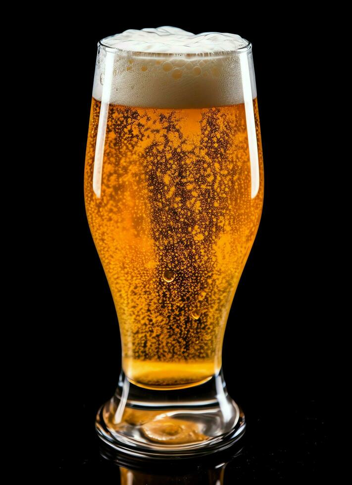 A glass of cold fresh beer with cap of foam. Splash of foam with tasty american beer. Beer day concept by AI Generated photo