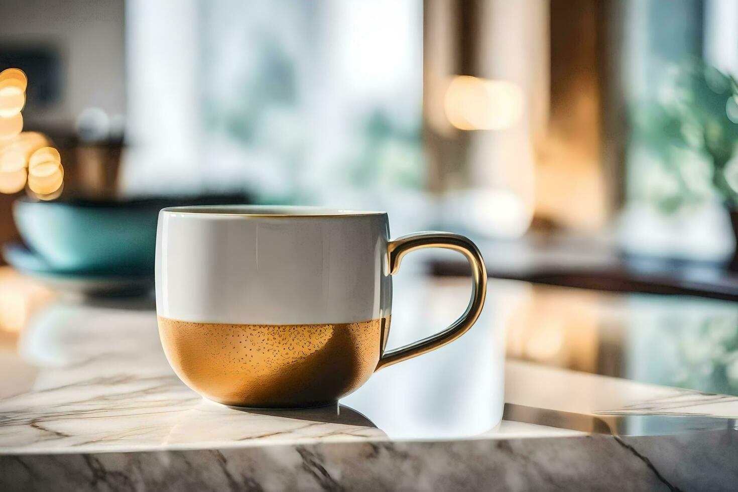 golden coffee mug on a marble counter. AI-Generated photo