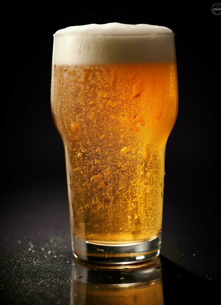 A glass of cold fresh beer with cap of foam. Splash of foam with tasty american beer. Beer day concept by AI Generated photo