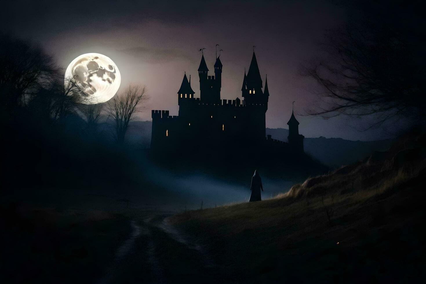 a castle in the dark with a full moon. AI-Generated photo