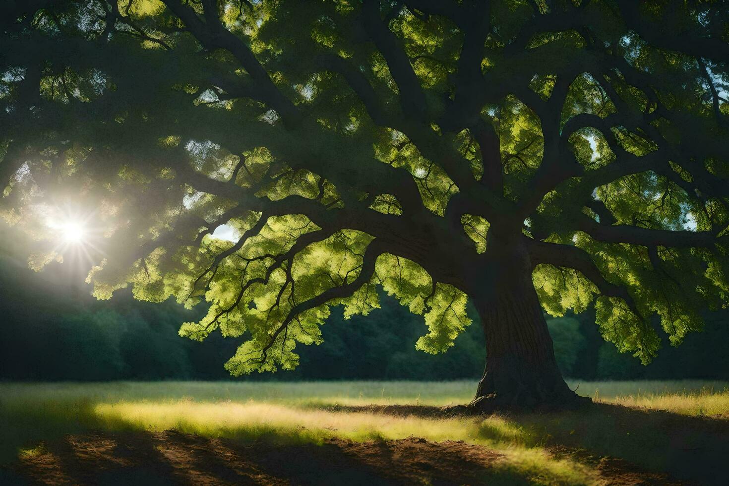 the sun shines through the leaves of an oak tree. AI-Generated photo