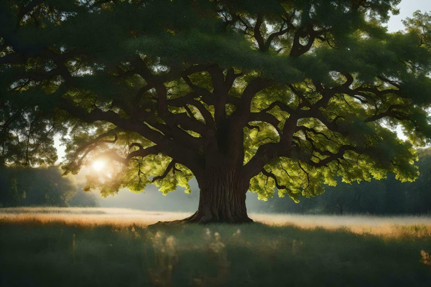 the sun shines through the leaves of a large tree. AI-Generated photo
