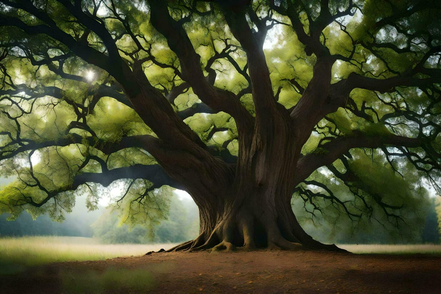 an old oak tree is shown in a field. AI-Generated photo