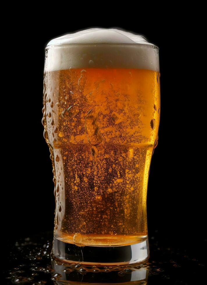 A glass of cold fresh beer with cap of foam. Splash of foam with tasty american beer. Beer day concept by AI Generated photo