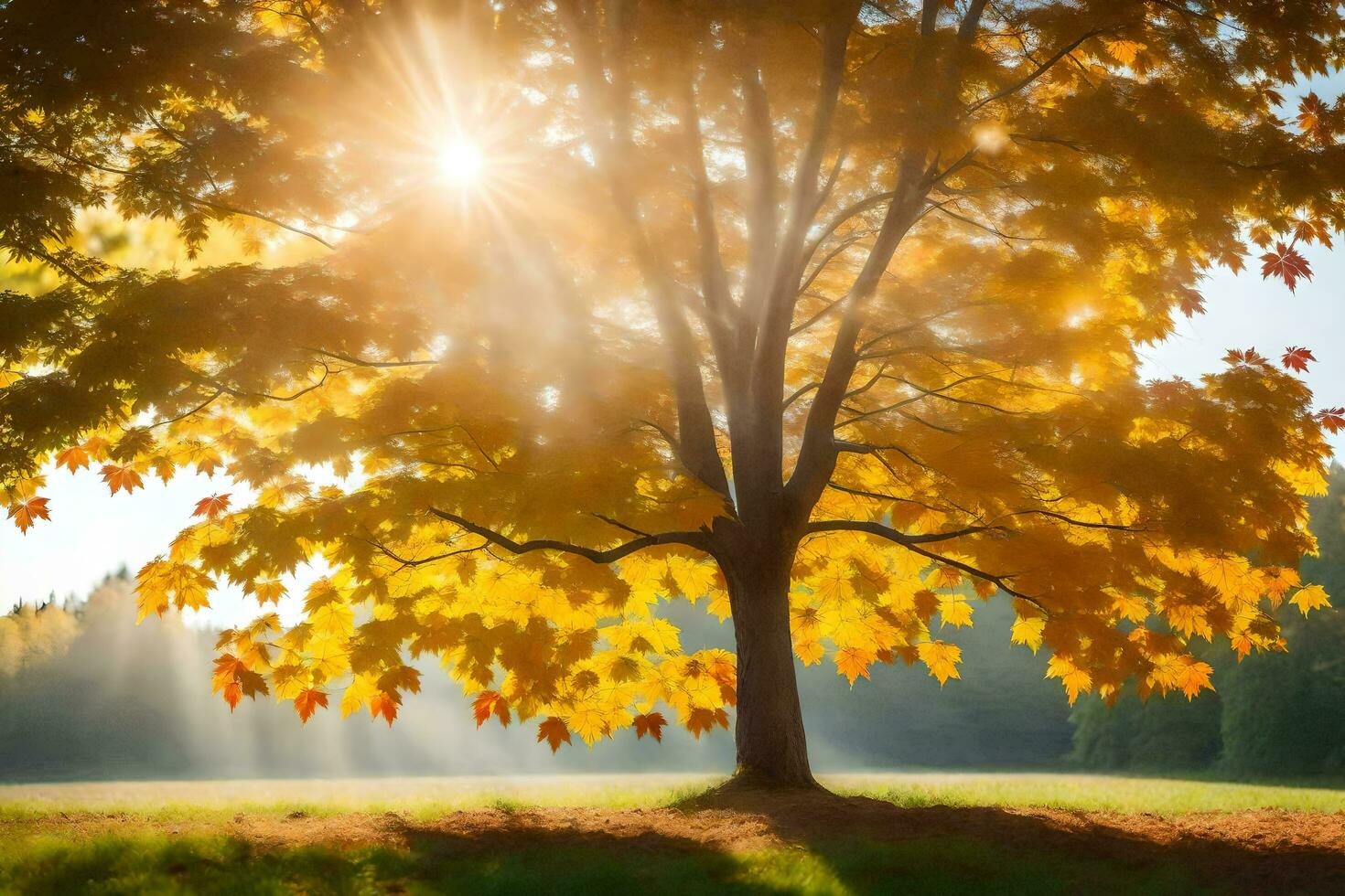 the sun shines through the leaves of a tree in the autumn. AI-Generated photo
