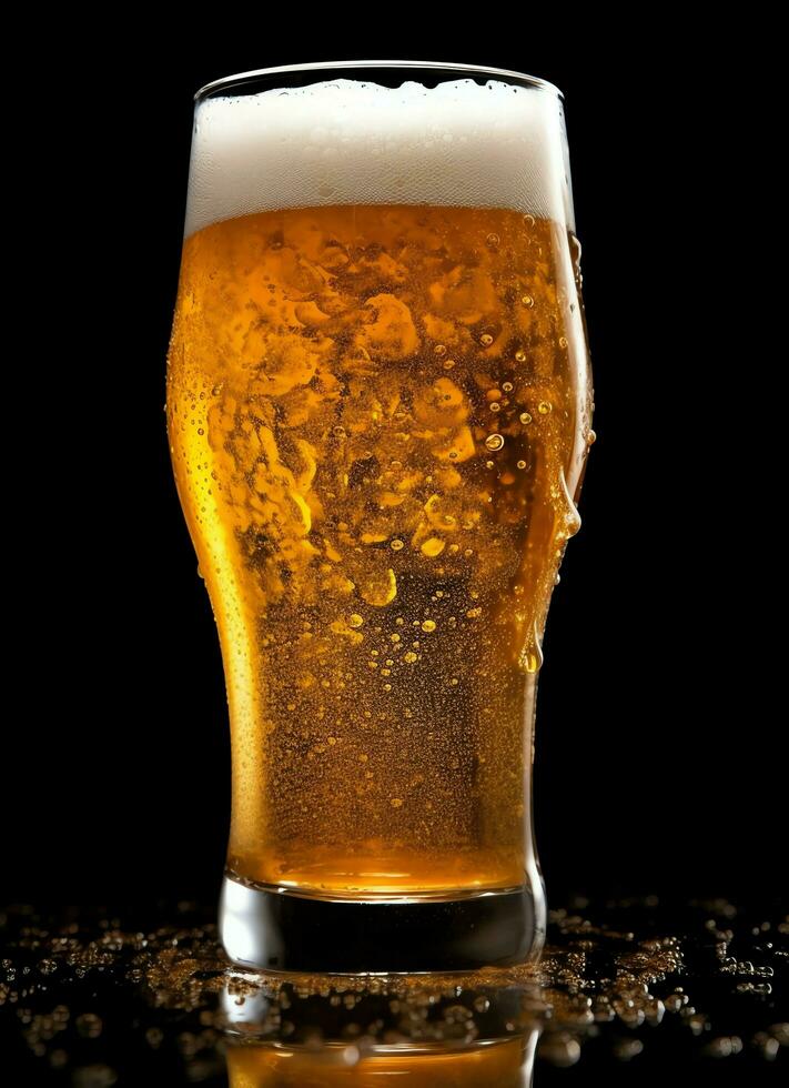 A glass of cold fresh beer with cap of foam. Splash of foam with tasty american beer. Beer day concept by AI Generated photo