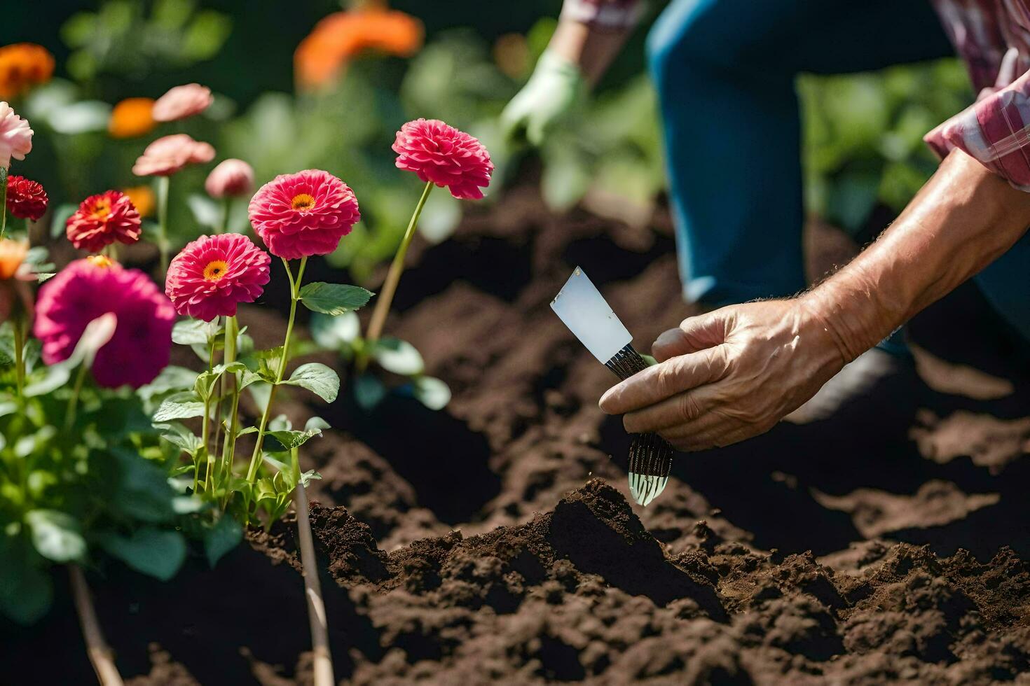 a man is planting flowers in the garden. AI-Generated photo