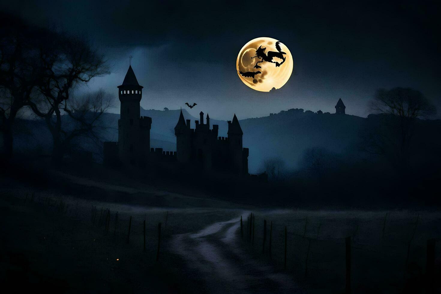 a full moon over a castle in the dark. AI-Generated photo