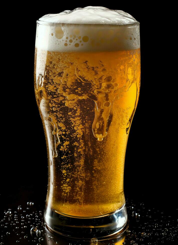 A glass of cold fresh beer with cap of foam. Splash of foam with tasty american beer. Beer day concept by AI Generated photo