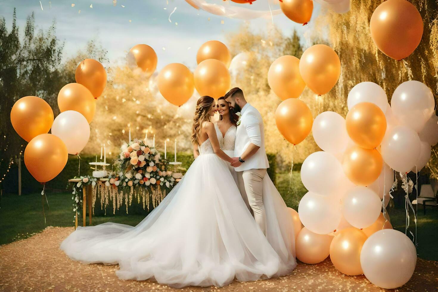 a bride and groom kiss under a golden arch of balloons. AI-Generated photo