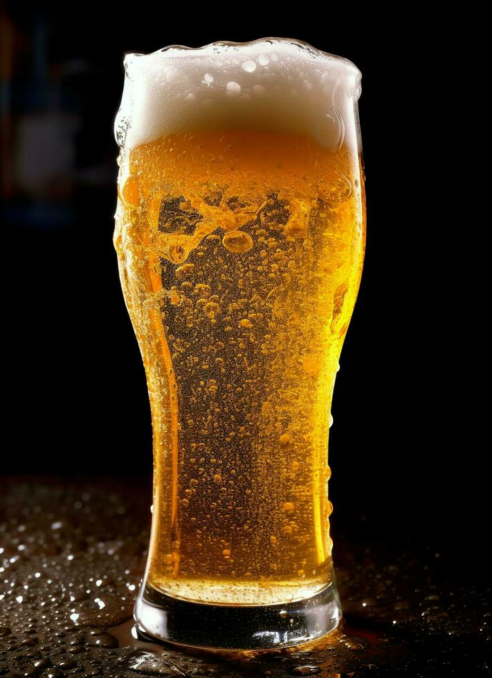 A glass of cold fresh beer with cap of foam. Splash of foam with tasty american beer. Beer day concept by AI Generated photo