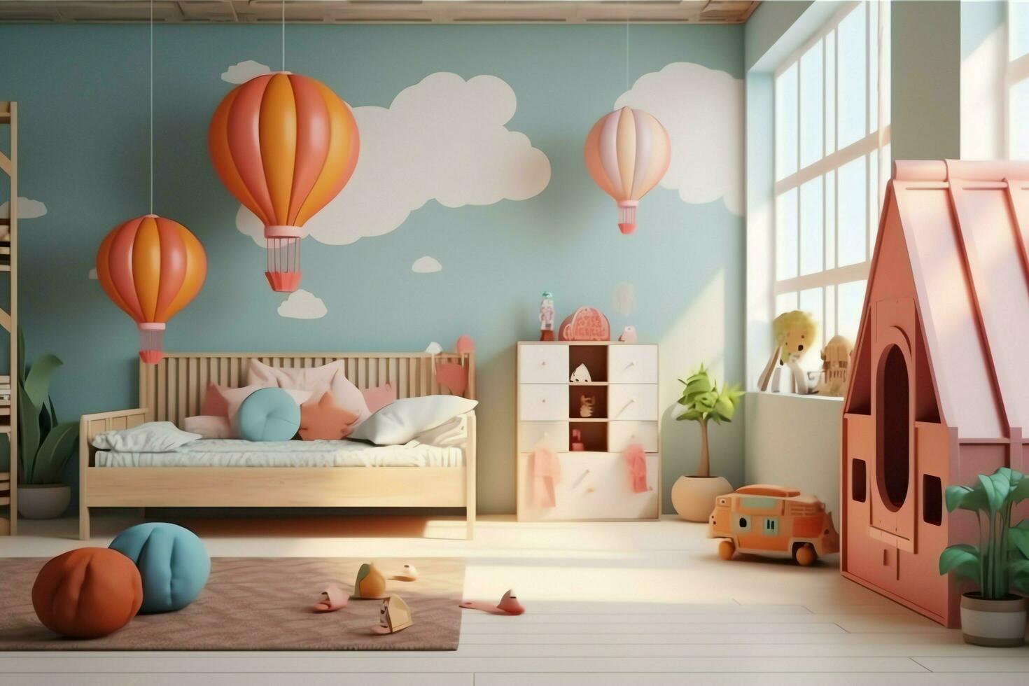 moderno niño dormitorio interior diseño en casa con decoración niños. vistoso niños dormitorio concepto por ai generado foto