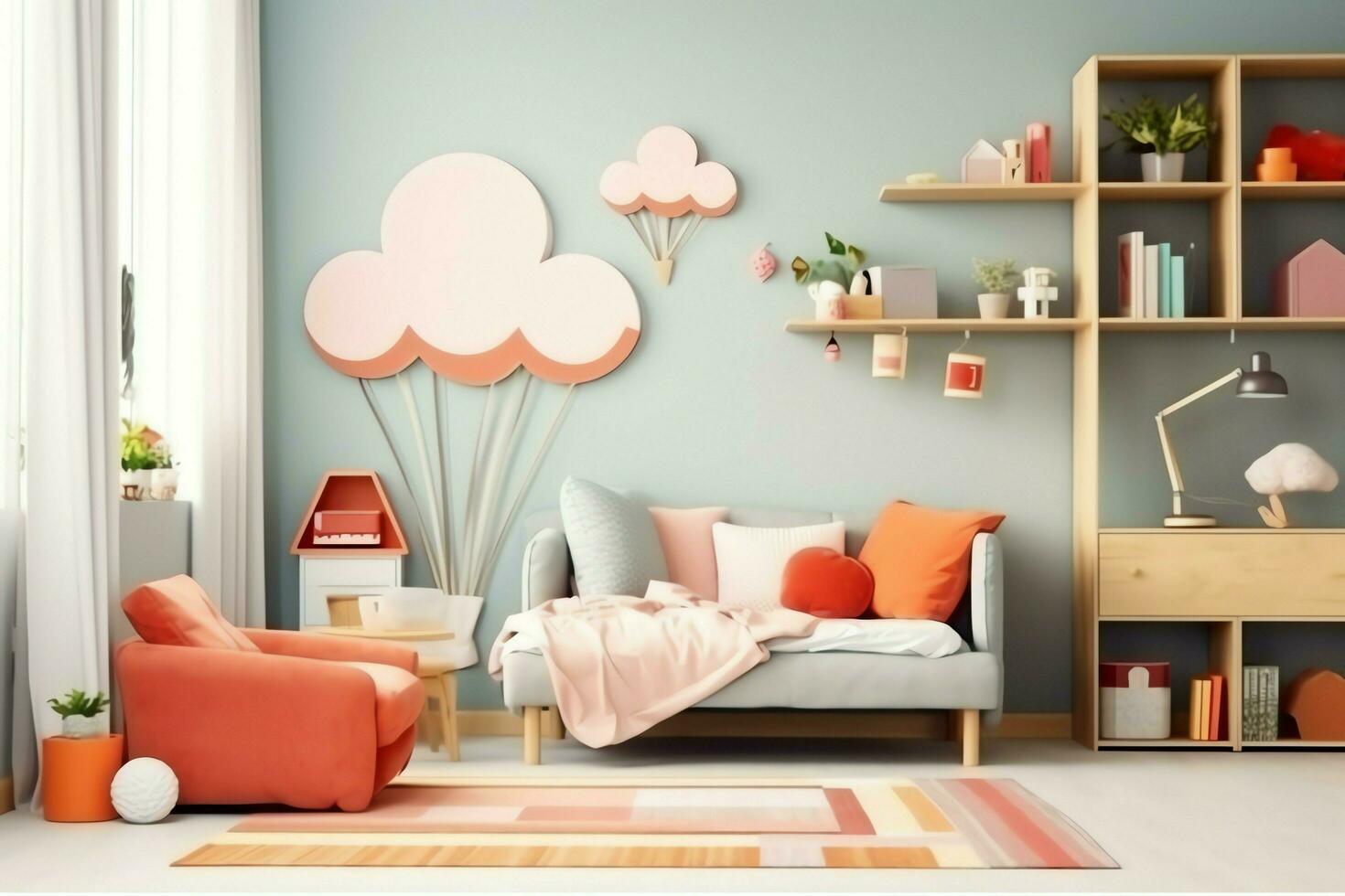 Modern child bedroom interior design in house with decoration children. Colorful children bedroom concept by AI Generated photo