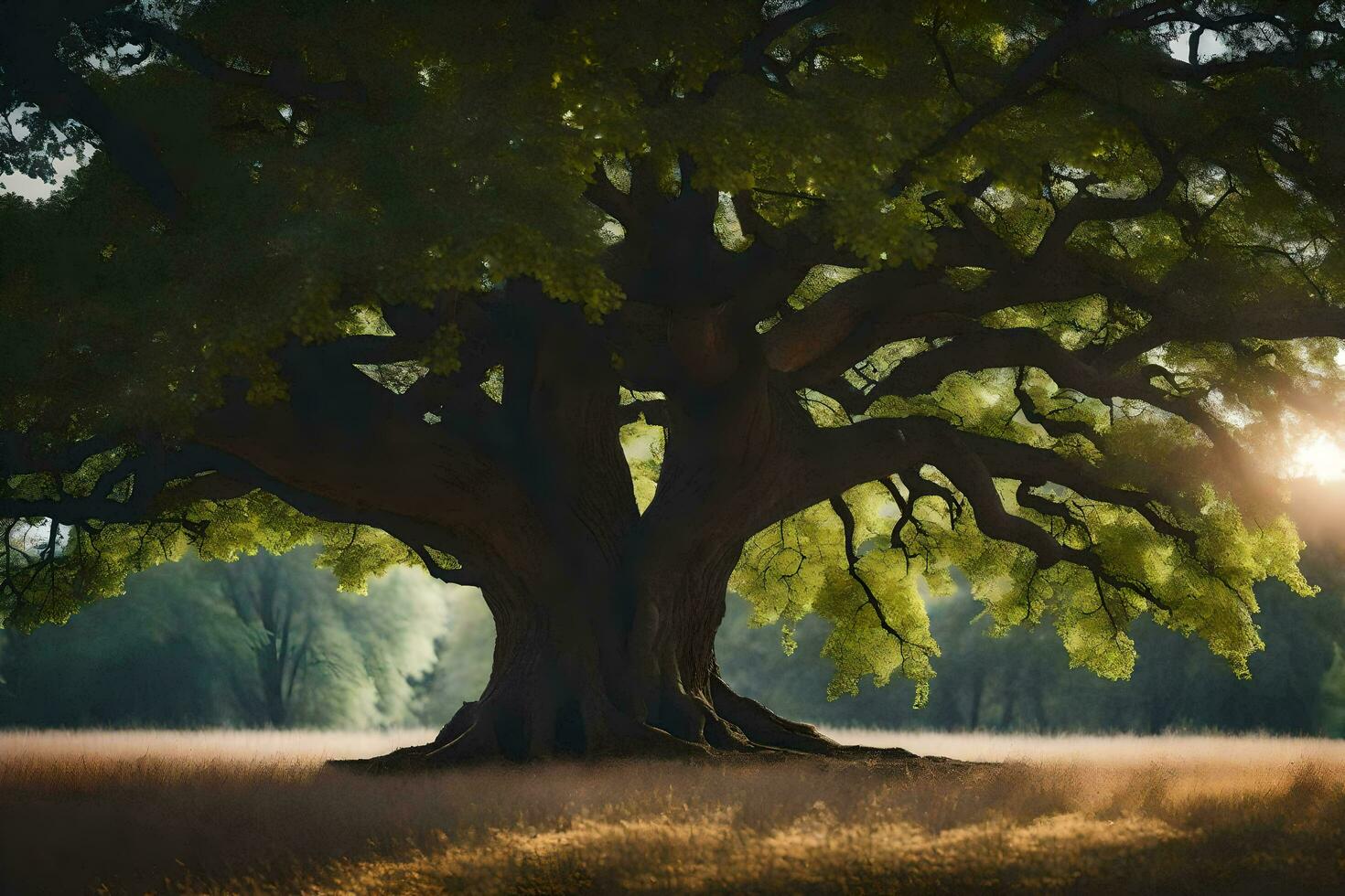 an old oak tree in the middle of a field. AI-Generated photo