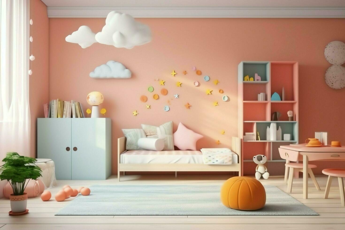 Modern child bedroom interior design in house with decoration children. Colorful children bedroom concept by AI Generated photo