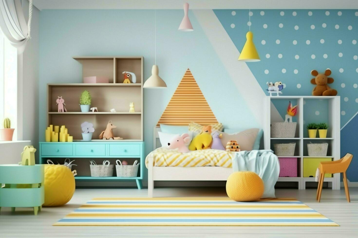 moderno niño dormitorio interior diseño en casa con decoración niños. vistoso niños dormitorio concepto por ai generado foto