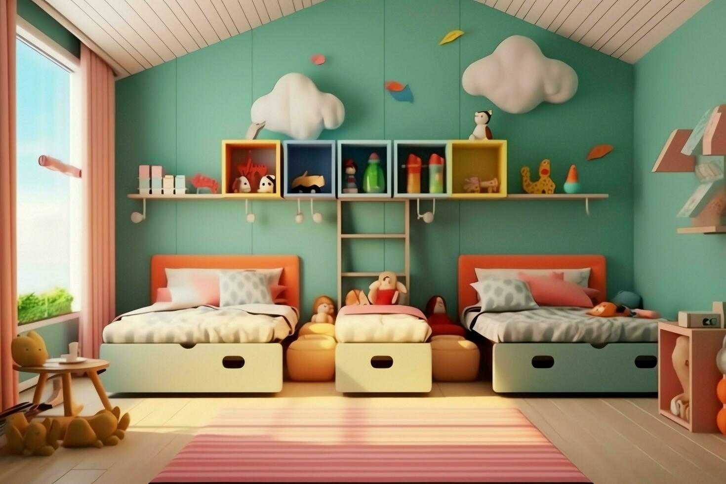 Modern child bedroom interior design in house with decoration children. Colorful children bedroom concept by AI Generated photo