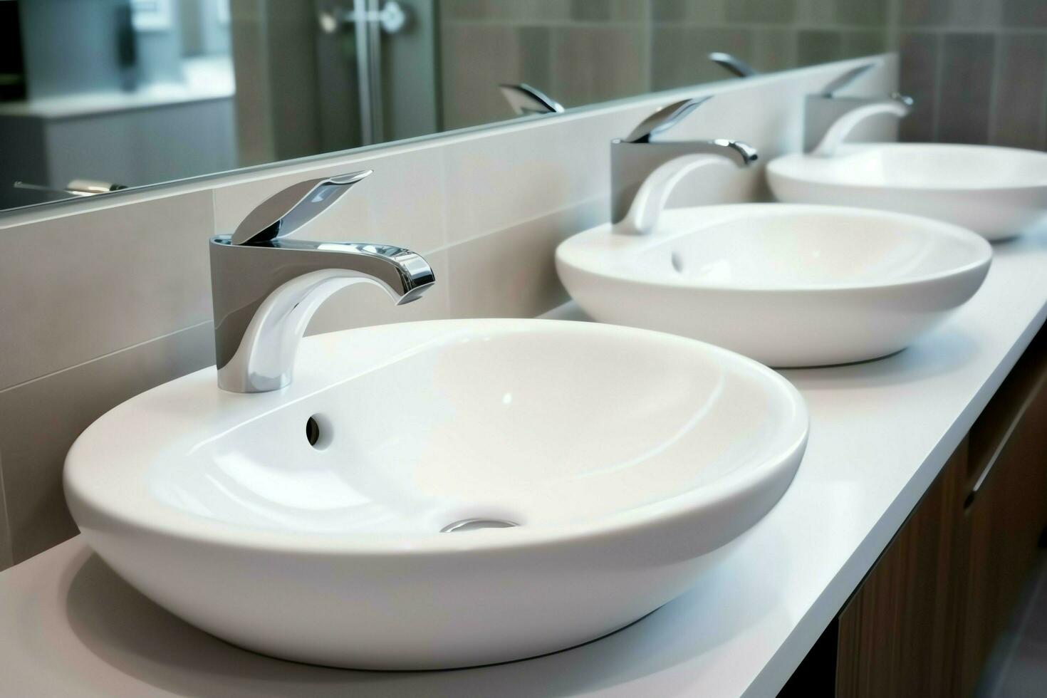 Modern public bathroom with row of white ceramic wash sink basins and faucet with mirror in restroom concept by AI Generated photo