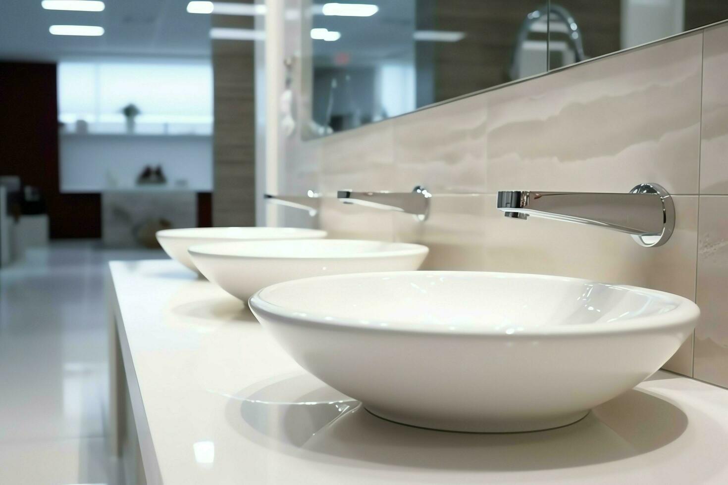 Modern public bathroom with row of white ceramic wash sink basins and faucet with mirror in restroom concept by AI Generated photo