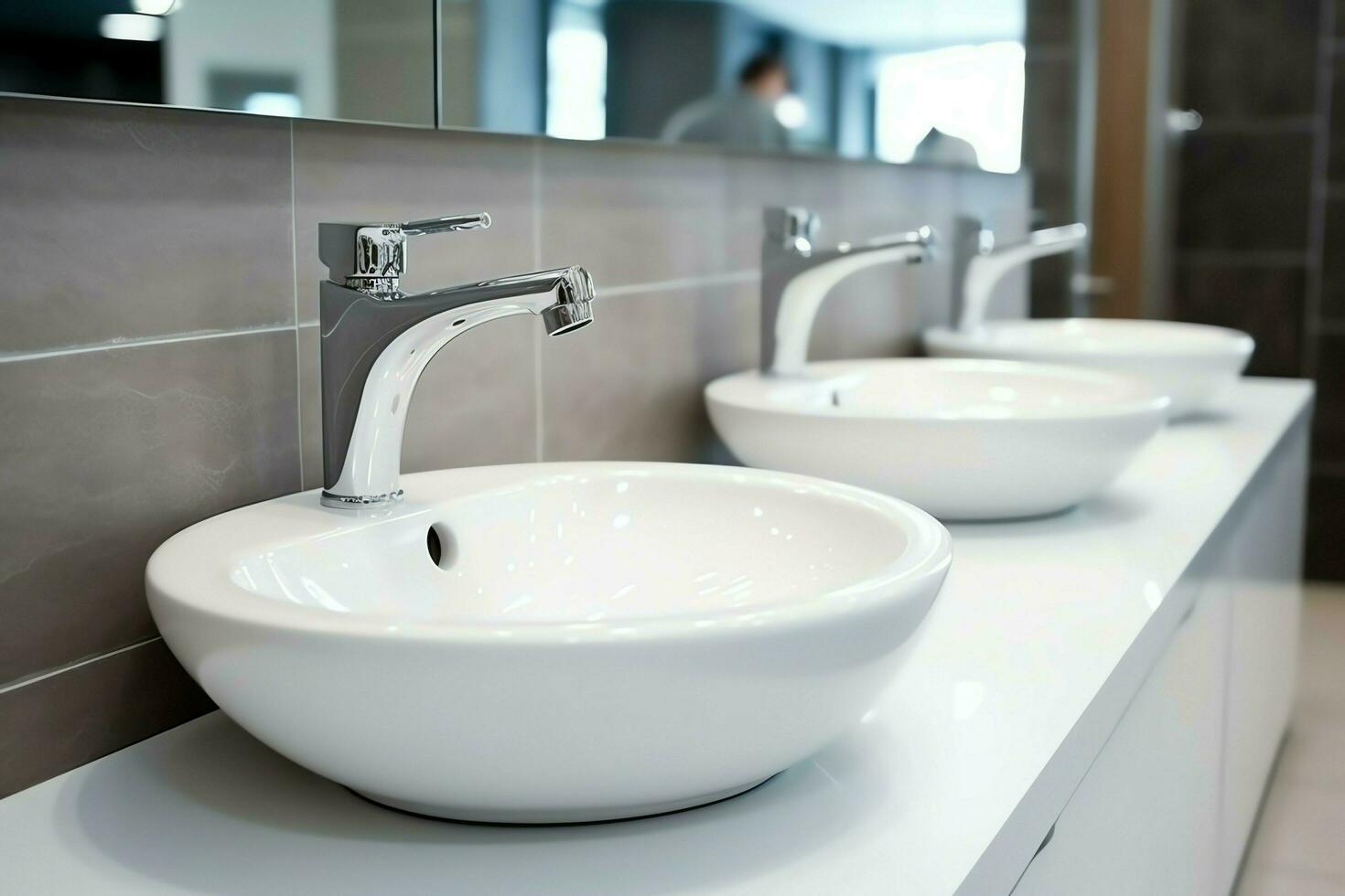 Modern public bathroom with row of white ceramic wash sink basins and faucet with mirror in restroom concept by AI Generated photo