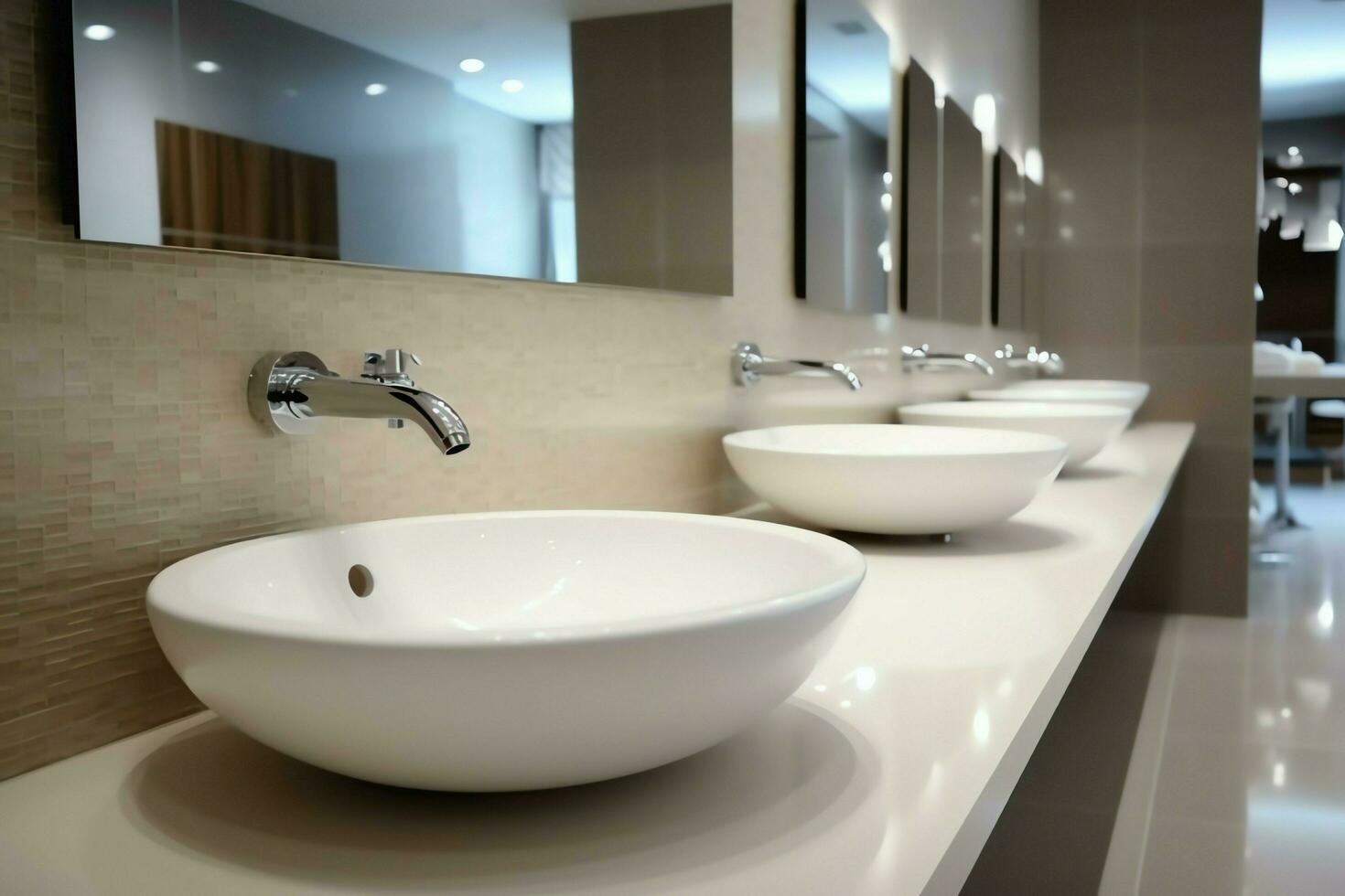 Modern public bathroom with row of white ceramic wash sink basins and faucet with mirror in restroom concept by AI Generated photo